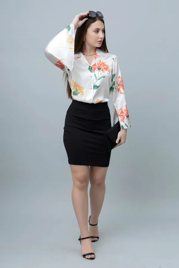 White_&_Orange_Satin_Floral_Print_Full_Sleeve_Hip_Length_Shirt_For_Women