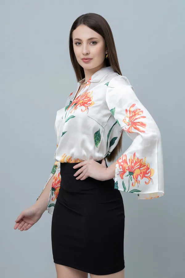 White_&_Orange_Satin_Floral_Print_Full_Sleeve_Hip_Length_Shirt_For_Women