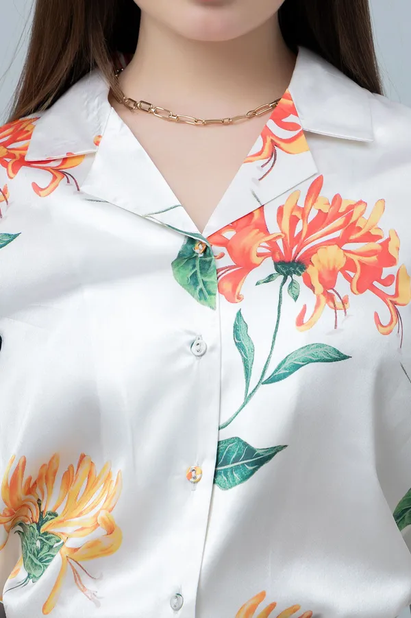 White_&_Orange_Satin_Floral_Print_Full_Sleeve_Hip_Length_Shirt_For_Women