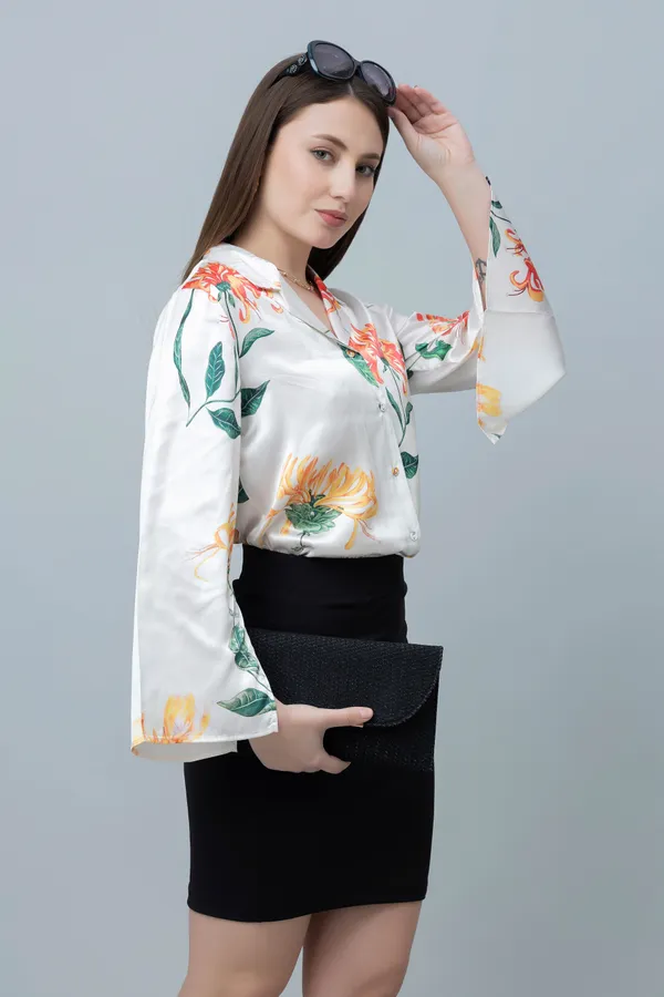 White_&_Orange_Satin_Floral_Print_Full_Sleeve_Hip_Length_Shirt_For_Women