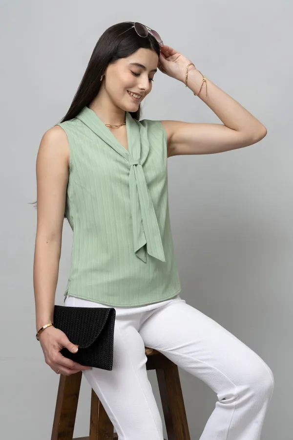 Solid_Sleeveless_Textured_Tie_Neck_Top