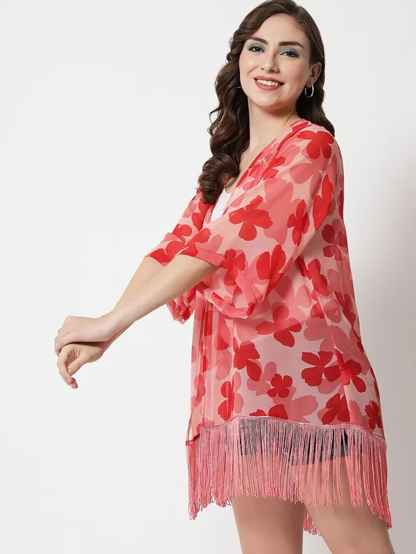Pink_Polyester_Blend_Printed_3/4Th_Sleeve_Shrug_For_Women