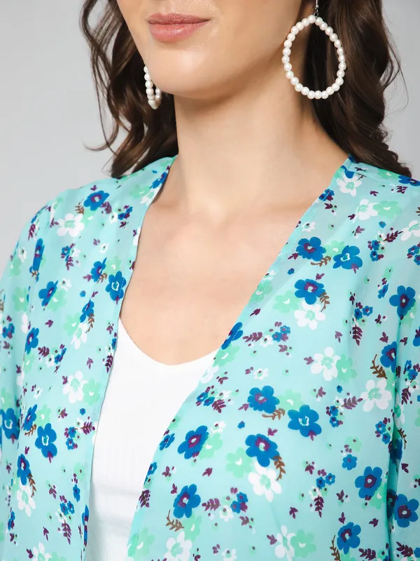 Blue_Cotton_Blend_Floral_Print_3/4Th_Sleeve_Shrug_For_Women