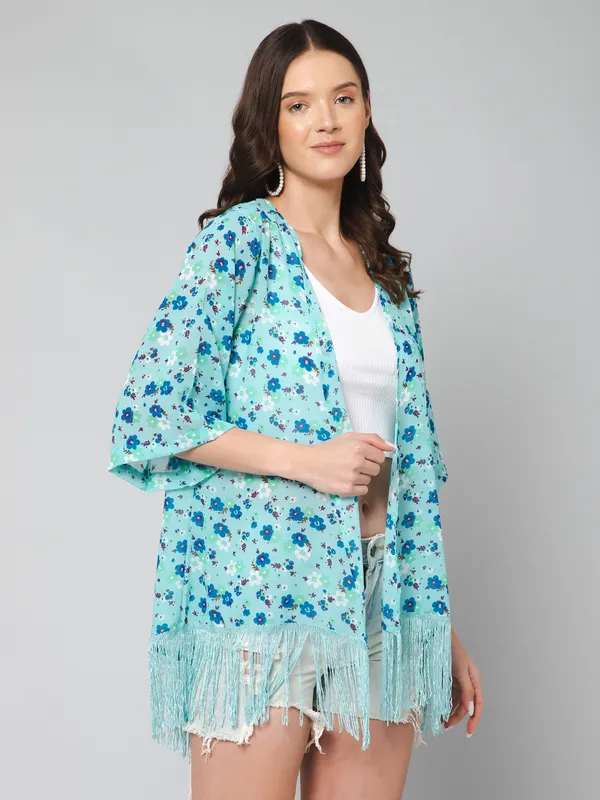 Blue_Cotton_Blend_Floral_Print_3/4Th_Sleeve_Shrug_For_Women