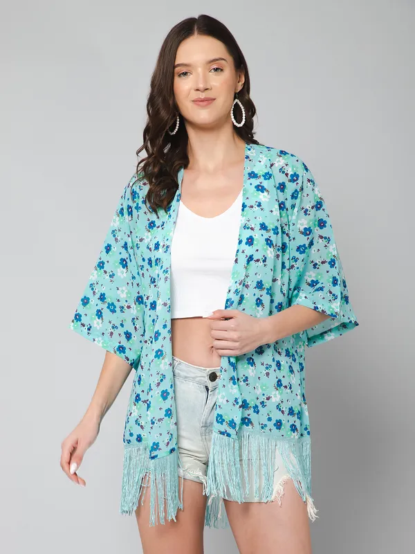 Blue_Cotton_Blend_Floral_Print_3/4Th_Sleeve_Shrug_For_Women