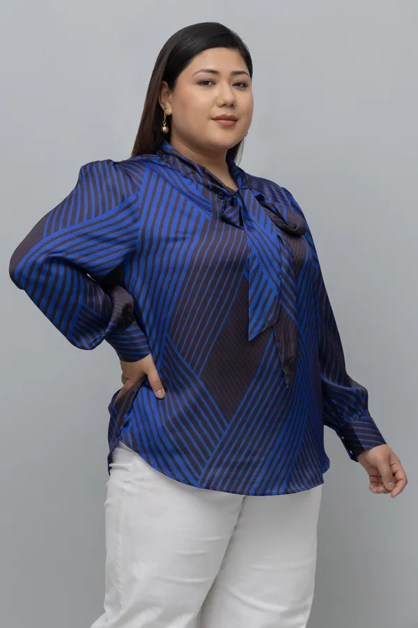 Women's_Plus_Size_Striped_Tie_Up_Neck_Satin_Top