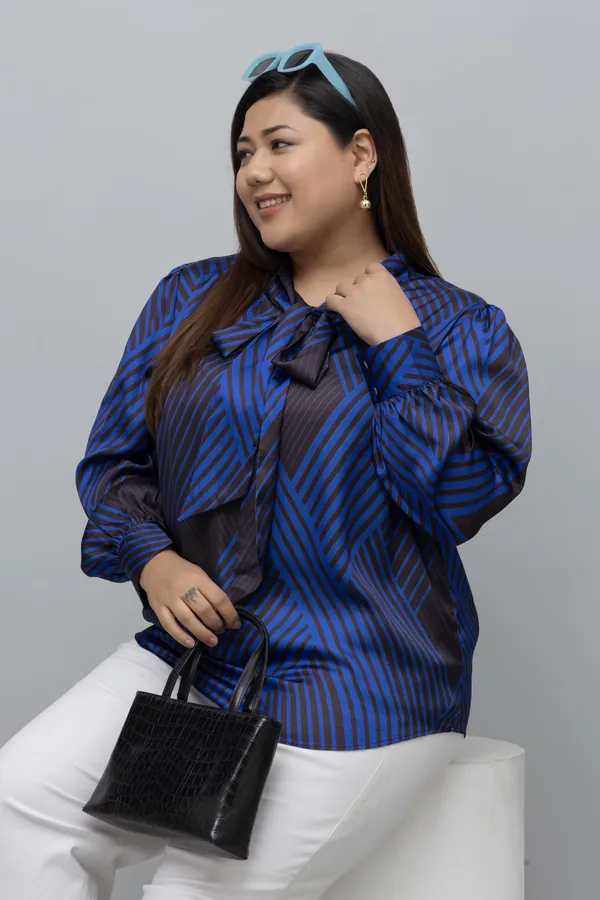 Women's_Plus_Size_Striped_Tie_Up_Neck_Satin_Top