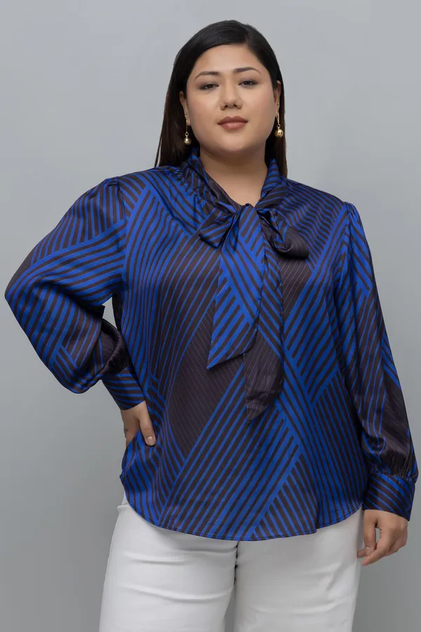 Women's_Plus_Size_Striped_Tie_Up_Neck_Satin_Top