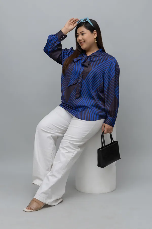 Women's_Plus_Size_Striped_Tie_Up_Neck_Satin_Top