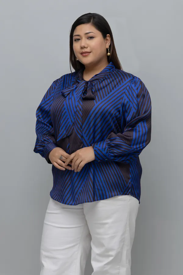 Women's_Plus_Size_Striped_Tie_Up_Neck_Satin_Top