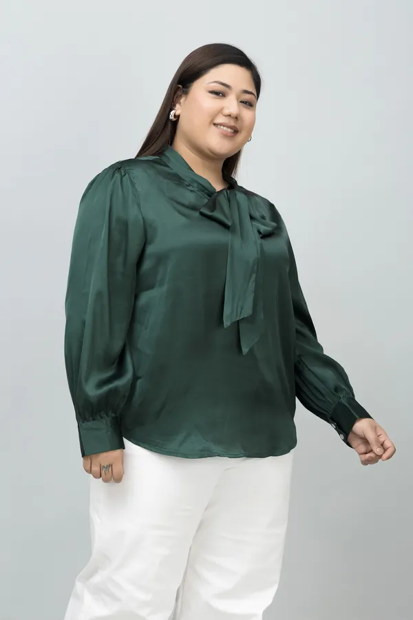 Women's_Plus_Size_Dark_Green_Satin_Tie-Up_Striped_Regular_Sleeves_Hip_Length_Shirt_Style_For_Women