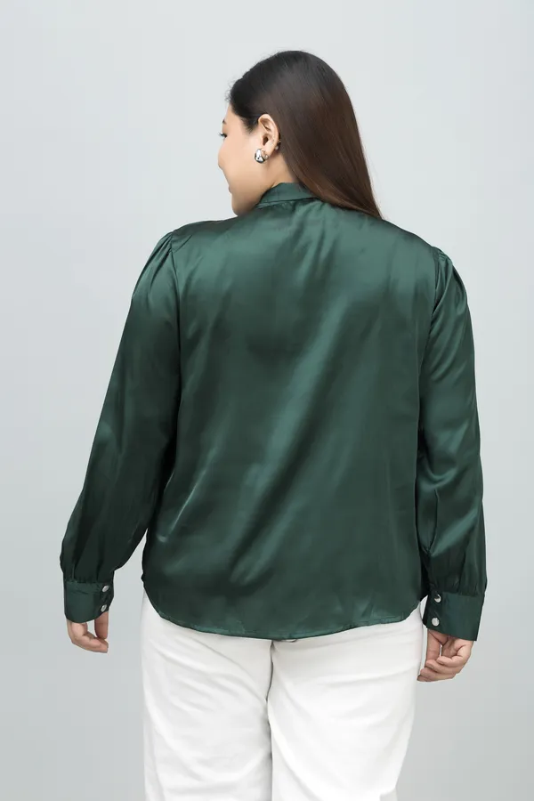 Women's_Plus_Size_Dark_Green_Satin_Tie-Up_Striped_Regular_Sleeves_Hip_Length_Shirt_Style_For_Women