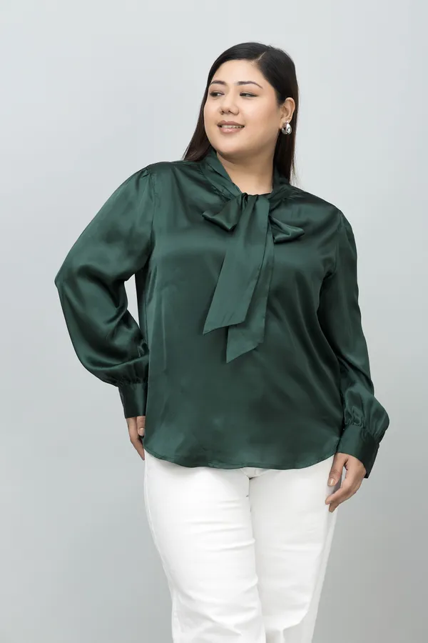 Women's_Plus_Size_Dark_Green_Satin_Tie-Up_Striped_Regular_Sleeves_Hip_Length_Shirt_Style_For_Women