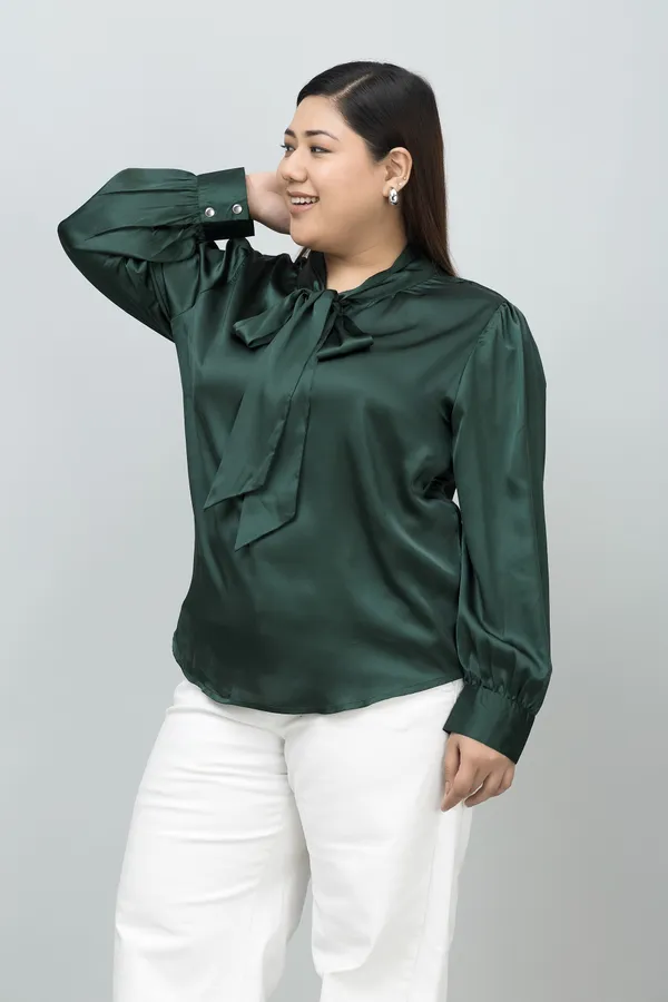 Women's_Plus_Size_Dark_Green_Satin_Tie-Up_Striped_Regular_Sleeves_Hip_Length_Shirt_Style_For_Women