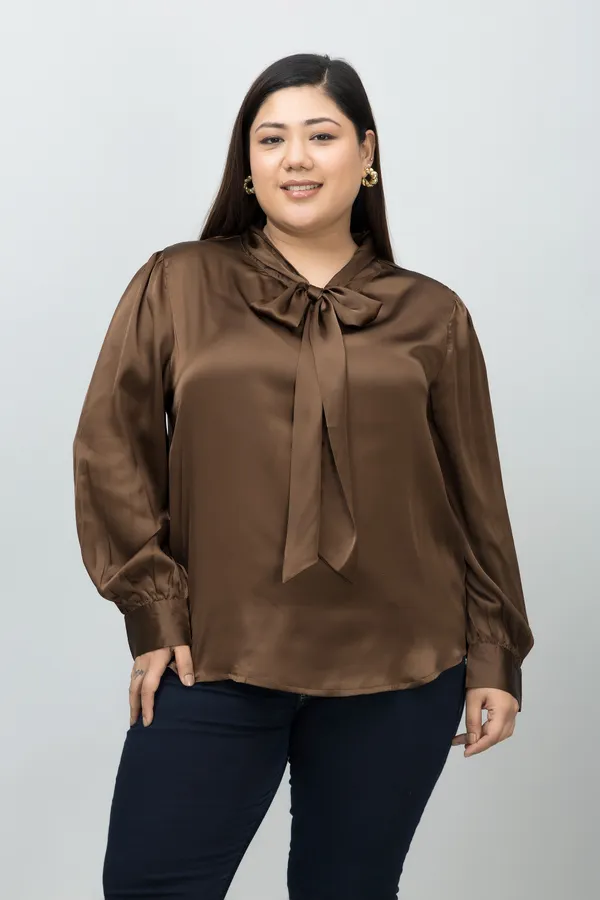Women's_Plus_Size_Brown_Satin_Tie-Up_Striped_Regular_Sleeves_Hip_Length_Shirt_Style_For_Women
