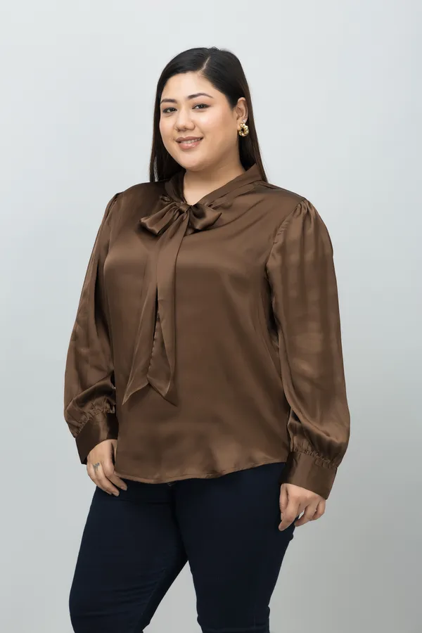 Women's_Plus_Size_Brown_Satin_Tie-Up_Striped_Regular_Sleeves_Hip_Length_Shirt_Style_For_Women