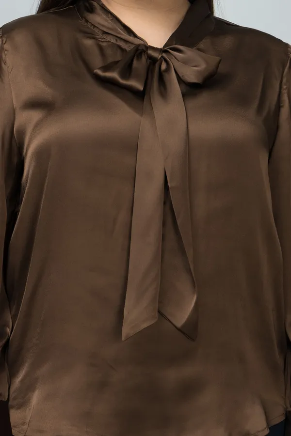 Women's_Plus_Size_Brown_Satin_Tie-Up_Striped_Regular_Sleeves_Hip_Length_Shirt_Style_For_Women
