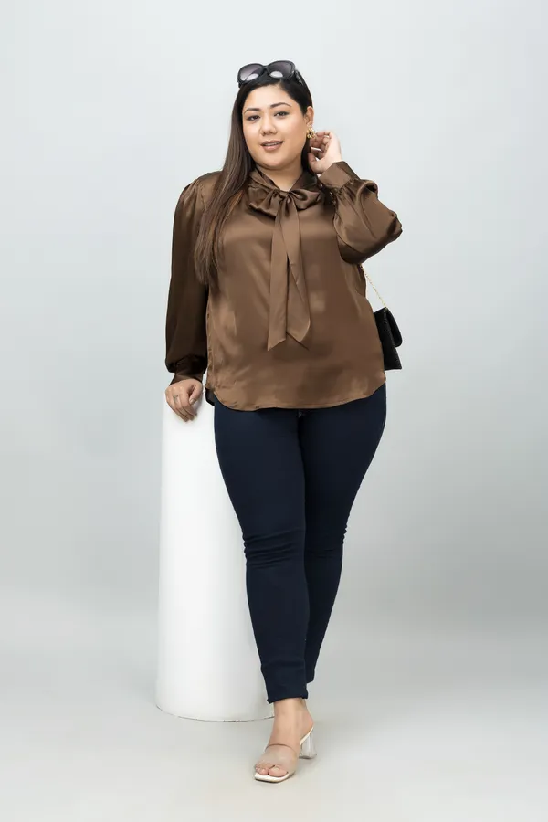 Women's_Plus_Size_Brown_Satin_Tie-Up_Striped_Regular_Sleeves_Hip_Length_Shirt_Style_For_Women