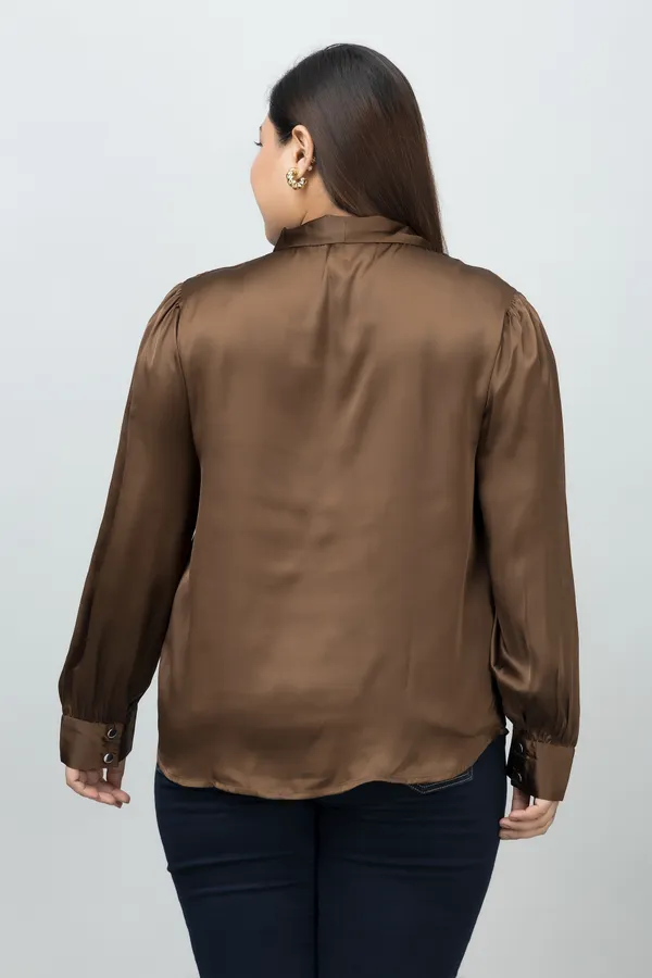 Women's_Plus_Size_Brown_Satin_Tie-Up_Striped_Regular_Sleeves_Hip_Length_Shirt_Style_For_Women