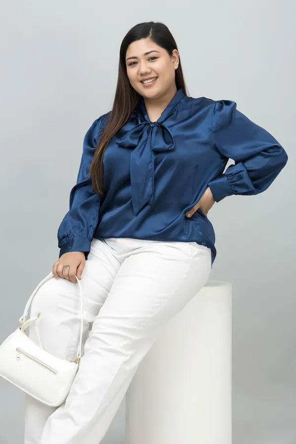 Women's_Plus_Size_Dark_Blue_Satin_Tie-Up_Striped_Regular_Sleeves_Hip_Length_Shirt_Style_For_Women