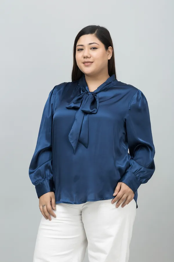 Women's_Plus_Size_Dark_Blue_Satin_Tie-Up_Striped_Regular_Sleeves_Hip_Length_Shirt_Style_For_Women