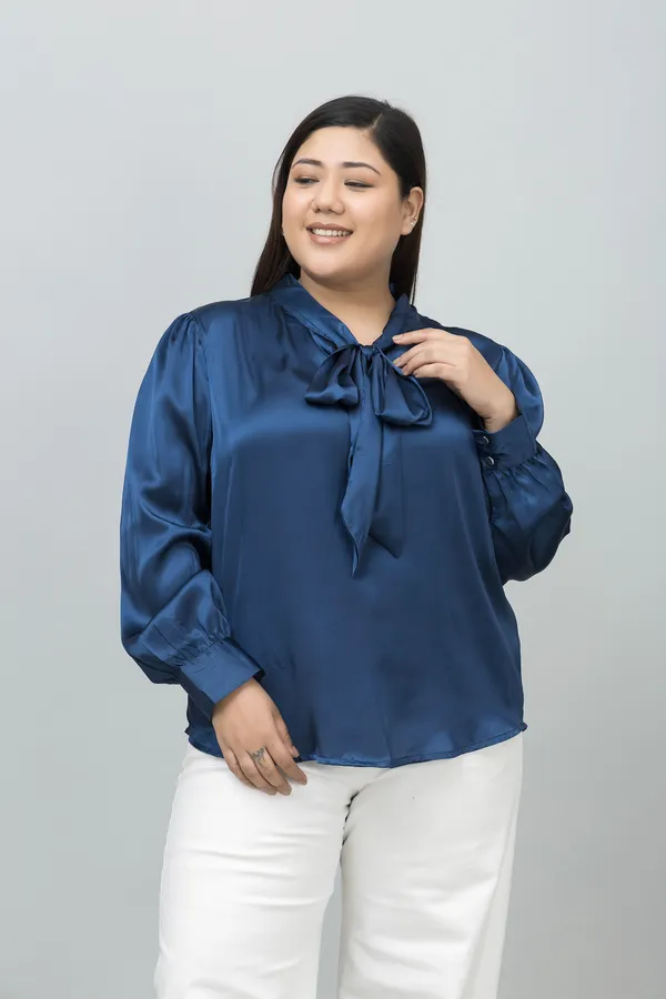 Women's_Plus_Size_Dark_Blue_Satin_Tie-Up_Striped_Regular_Sleeves_Hip_Length_Shirt_Style_For_Women