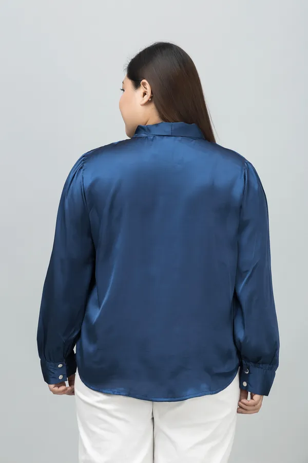 Women's_Plus_Size_Dark_Blue_Satin_Tie-Up_Striped_Regular_Sleeves_Hip_Length_Shirt_Style_For_Women