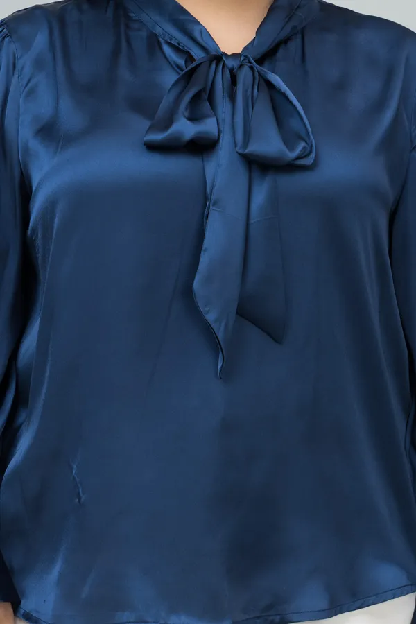 Women's_Plus_Size_Dark_Blue_Satin_Tie-Up_Striped_Regular_Sleeves_Hip_Length_Shirt_Style_For_Women