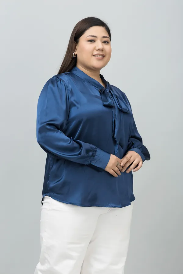 Women's_Plus_Size_Dark_Blue_Satin_Tie-Up_Striped_Regular_Sleeves_Hip_Length_Shirt_Style_For_Women