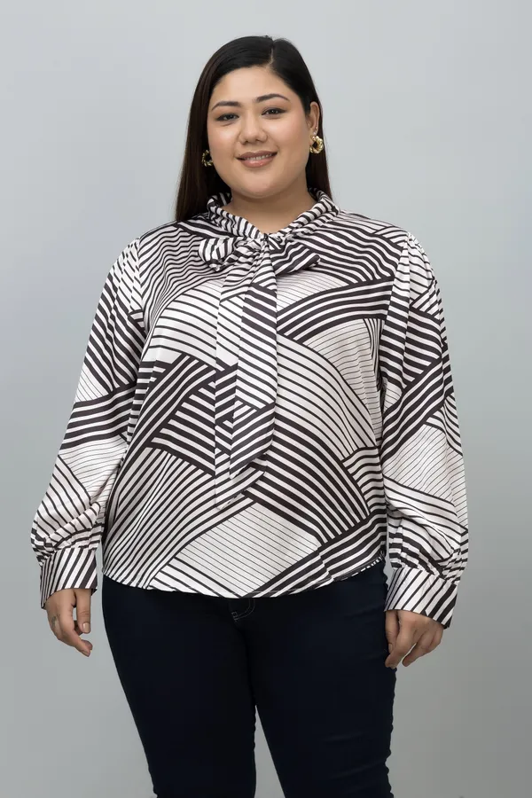 Women's_Plus_Size_White_&_Black_Satin_Tie-Up_Striped_Regular_Sleeves_Hip_Length_Shirt_Style_For_Women