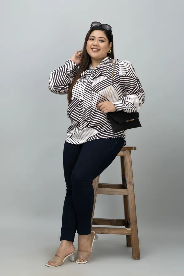 Women's_Plus_Size_White_&_Black_Satin_Tie-Up_Striped_Regular_Sleeves_Hip_Length_Shirt_Style_For_Women