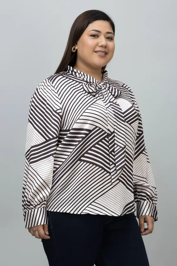 Women's_Plus_Size_White_&_Black_Satin_Tie-Up_Striped_Regular_Sleeves_Hip_Length_Shirt_Style_For_Women