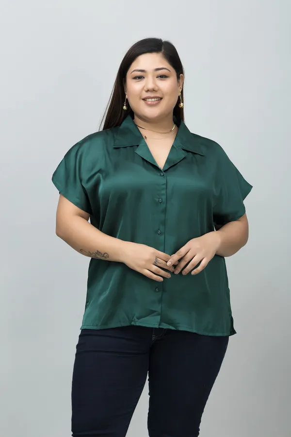 Women's_Plus_Size_Dark_Green_Satin_Printed_Short_Sleeve_Hip_Length_Shirt_For_Women