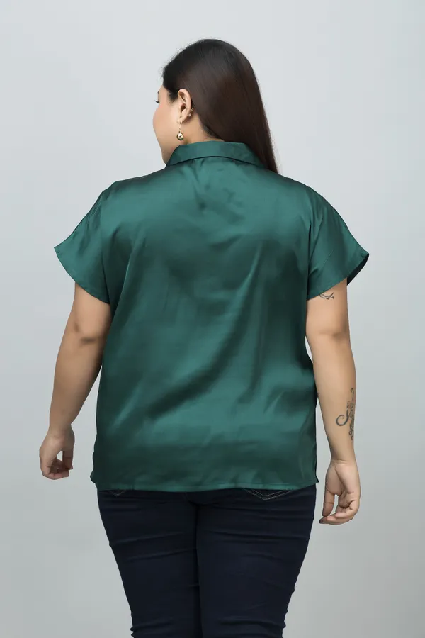 Women's_Plus_Size_Dark_Green_Satin_Printed_Short_Sleeve_Hip_Length_Shirt_For_Women