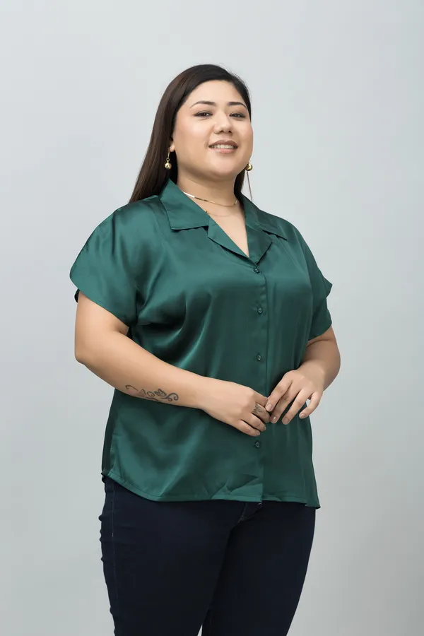 Women's_Plus_Size_Dark_Green_Satin_Printed_Short_Sleeve_Hip_Length_Shirt_For_Women