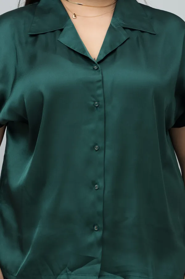 Women's_Plus_Size_Dark_Green_Satin_Printed_Short_Sleeve_Hip_Length_Shirt_For_Women
