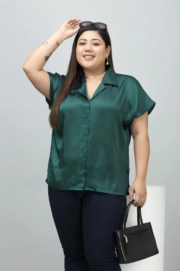 Women's_Plus_Size_Dark_Green_Satin_Printed_Short_Sleeve_Hip_Length_Shirt_For_Women