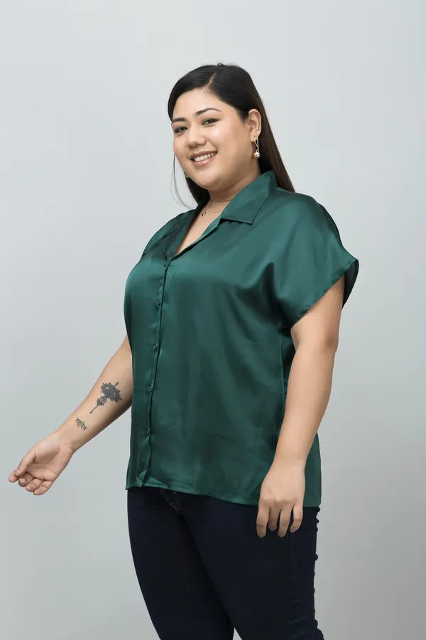 Women's_Plus_Size_Dark_Green_Satin_Printed_Short_Sleeve_Hip_Length_Shirt_For_Women