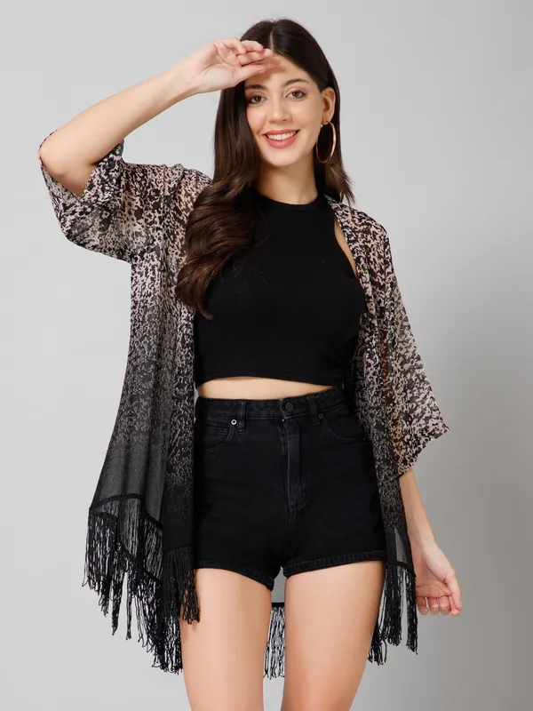Black_Polyester_Abstract_3/4Th_Sleeve_Shrug_For_Women