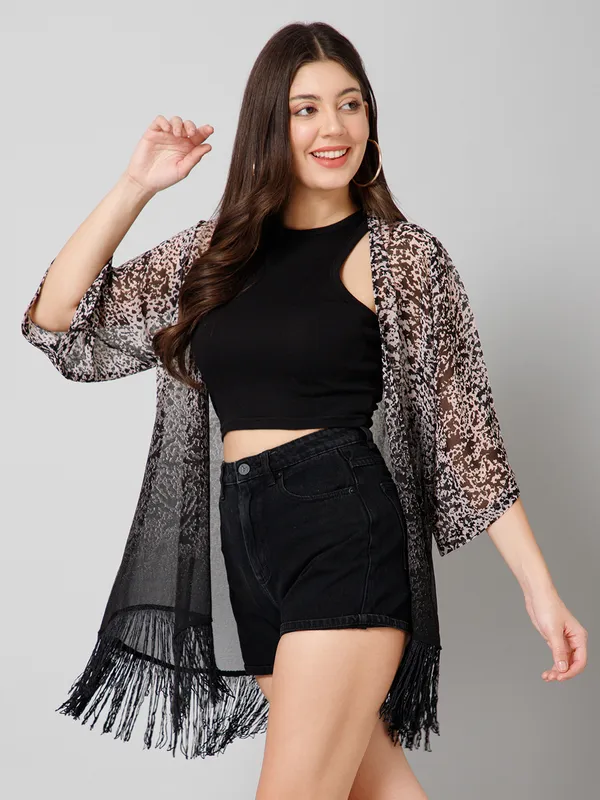 Black_Polyester_Abstract_3/4Th_Sleeve_Shrug_For_Women