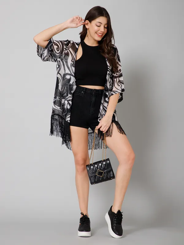 Black_&_White_Polyester_Abstract_3/4Th_Sleeve_Shrug_For_Women