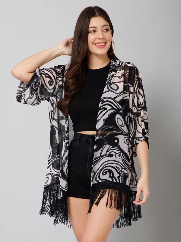 Black_&_White_Polyester_Abstract_3/4Th_Sleeve_Shrug_For_Women