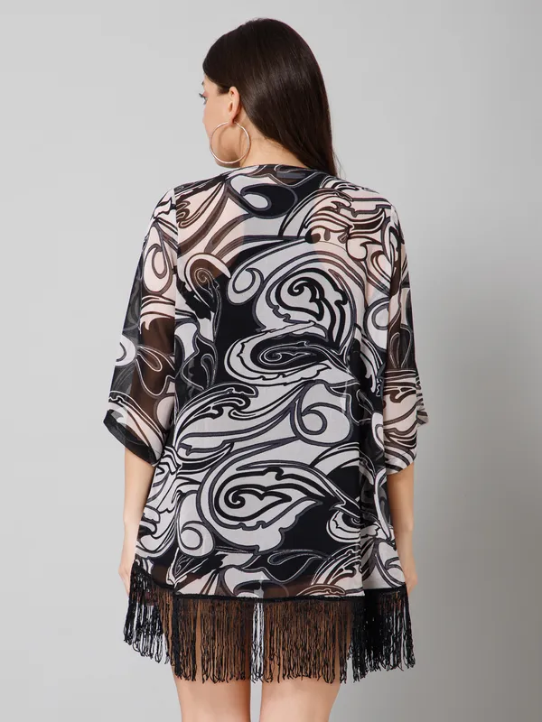 Black_&_White_Polyester_Abstract_3/4Th_Sleeve_Shrug_For_Women