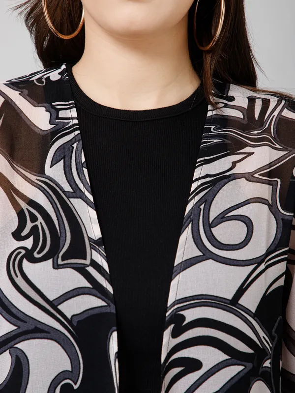 Black_&_White_Polyester_Abstract_3/4Th_Sleeve_Shrug_For_Women