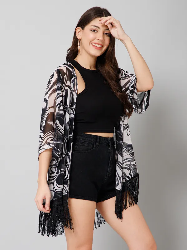 Black_&_White_Polyester_Abstract_3/4Th_Sleeve_Shrug_For_Women