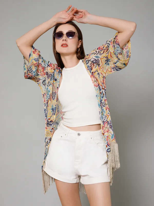 Beige_Georgette_Floral_Print_3/4Th_Sleeve_Thigh_Length_Kimono_Style_Shrug_For_Women_&_Girls