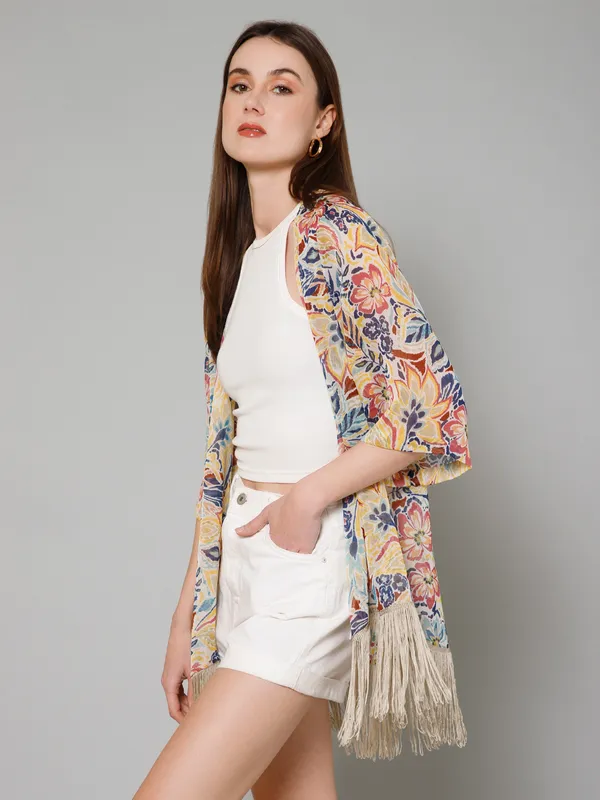 Beige_Georgette_Floral_Print_3/4Th_Sleeve_Thigh_Length_Kimono_Style_Shrug_For_Women_&_Girls