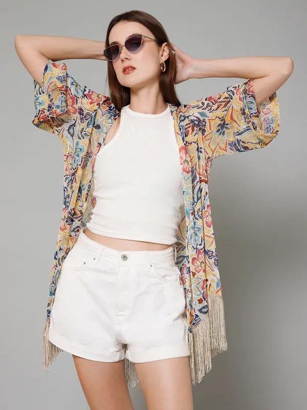 Beige_Georgette_Floral_Print_3/4Th_Sleeve_Thigh_Length_Kimono_Style_Shrug_For_Women_&_Girls