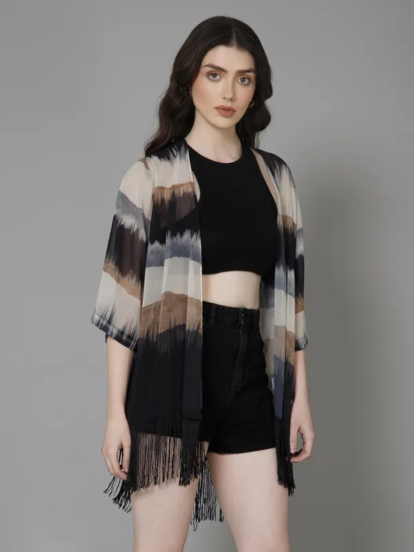 Elegant_Black_&_White_Polyster_Color_Block_3/4_Sleeve_Shrug