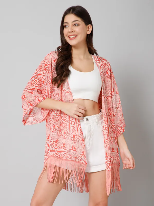 Pink_Polyester_Abstract_3/4Th_Sleeve_Shrug_For_Women